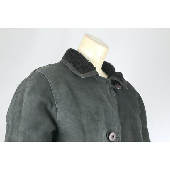 Vintage Dark Green Shearling Suede Coat Warm Winter Leather Trim Jacket Size M - Picture 6 of 16